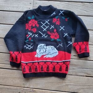 Vintage 80s Black and Red Cat Sweater